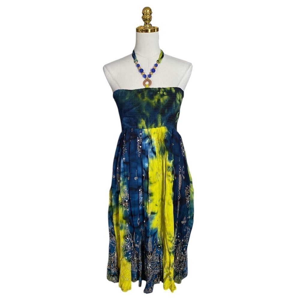 Cassee’s Tie-Dye Halter Neck Smoked Embellished Summer Beach Dress Size M Boho
